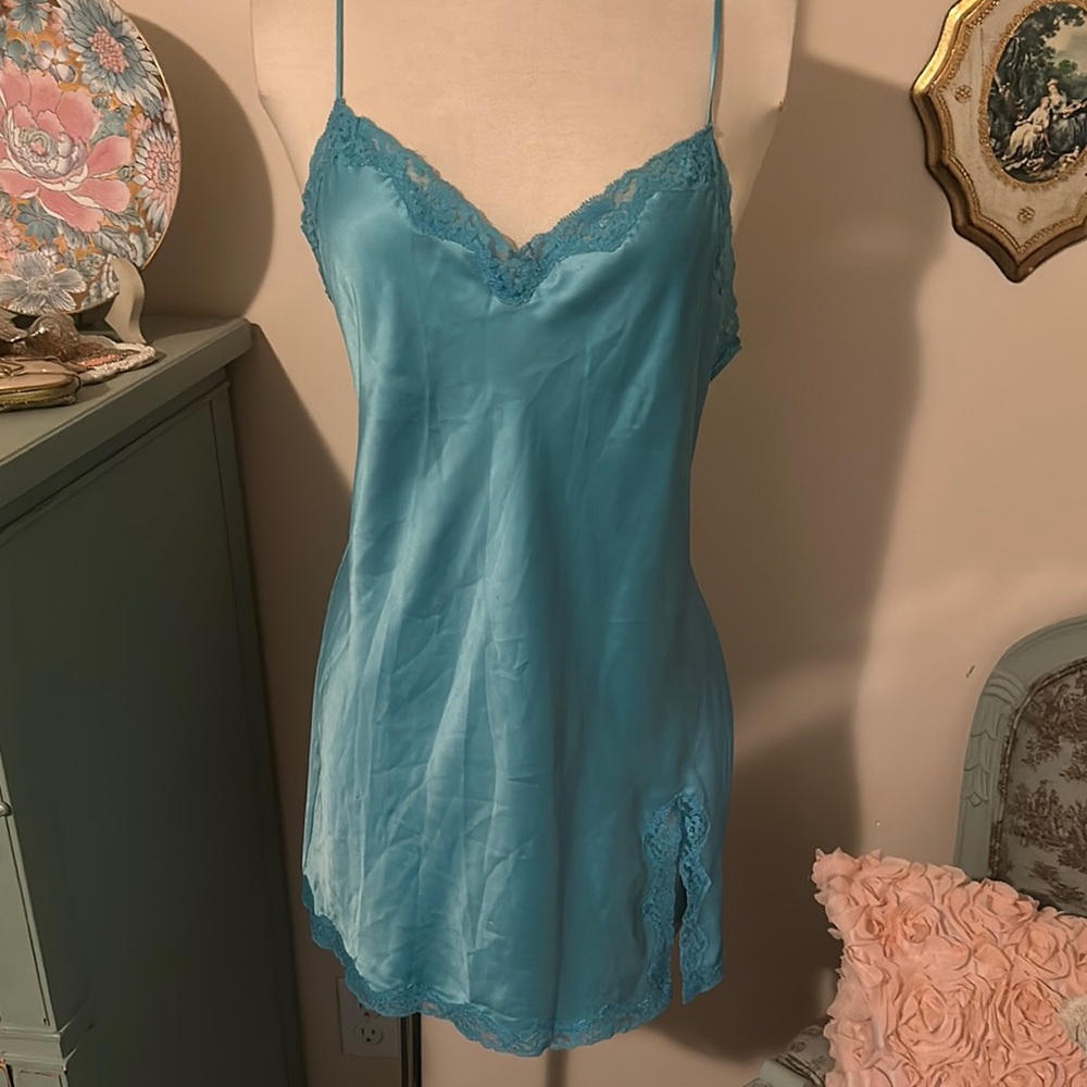 Victoria's Secret Blue Chemise Slip with Lace Trim